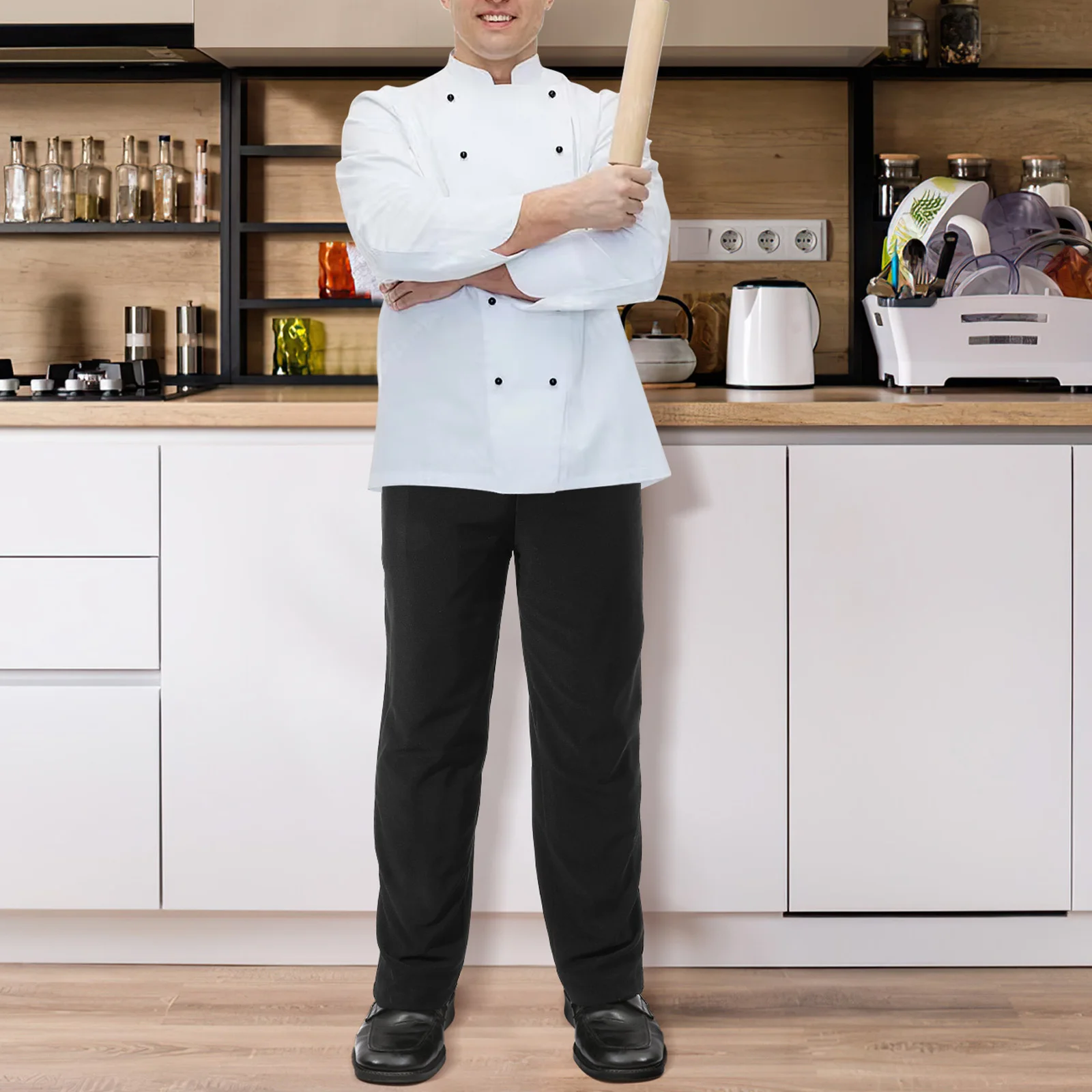 1 par de pantalones transpirables, ropa de trabajo de poliéster Xxl negra para personal de cocina, pantalones sueltos a prueba de aceite, fácil de lavar, uniforme de Chef