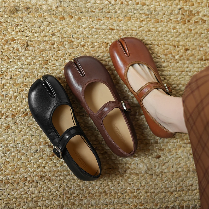 

Genuine Leather Single Strap Mary Jane Flats Super Soft Split Toe Pig Hoof Shallow Cut Flat Heel Loafers Size 34-43 Casual Shoes
