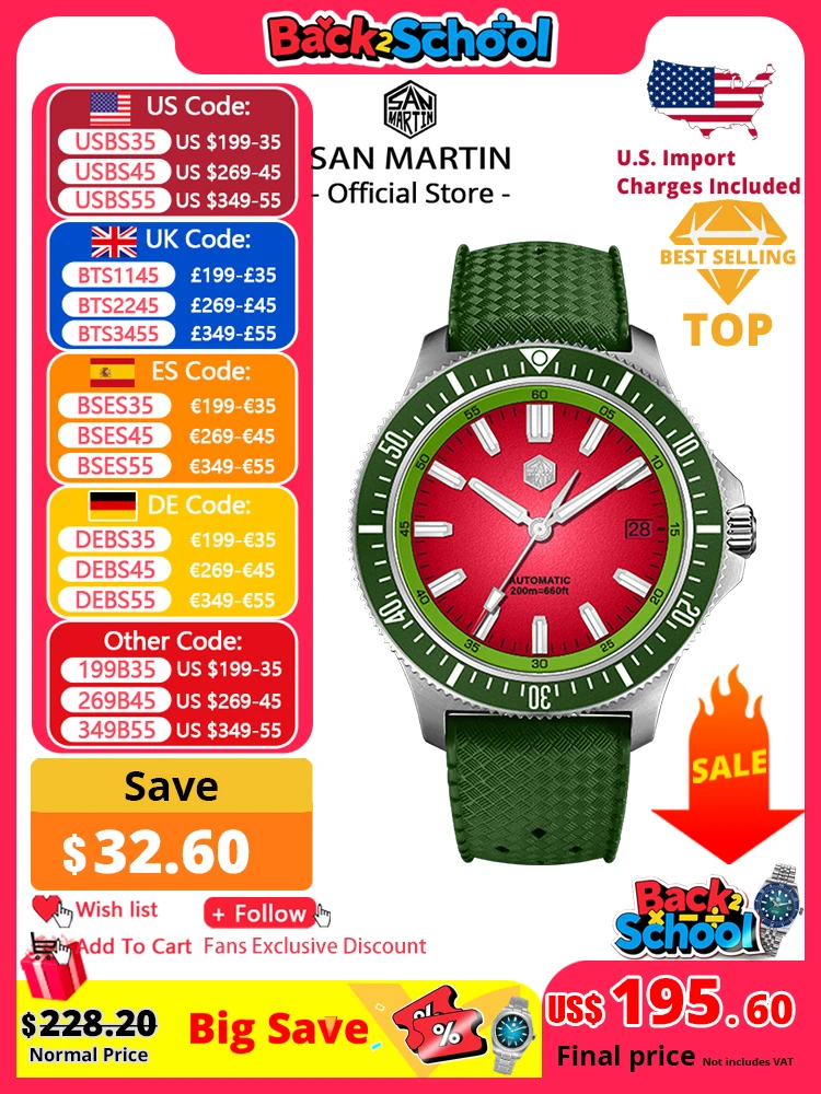 

San Martin 40mm Dive Watch Original Design NH35 Automatic Mechanical Fashion Men Watch Sapphire Waterproof 200m Luminous SN0118