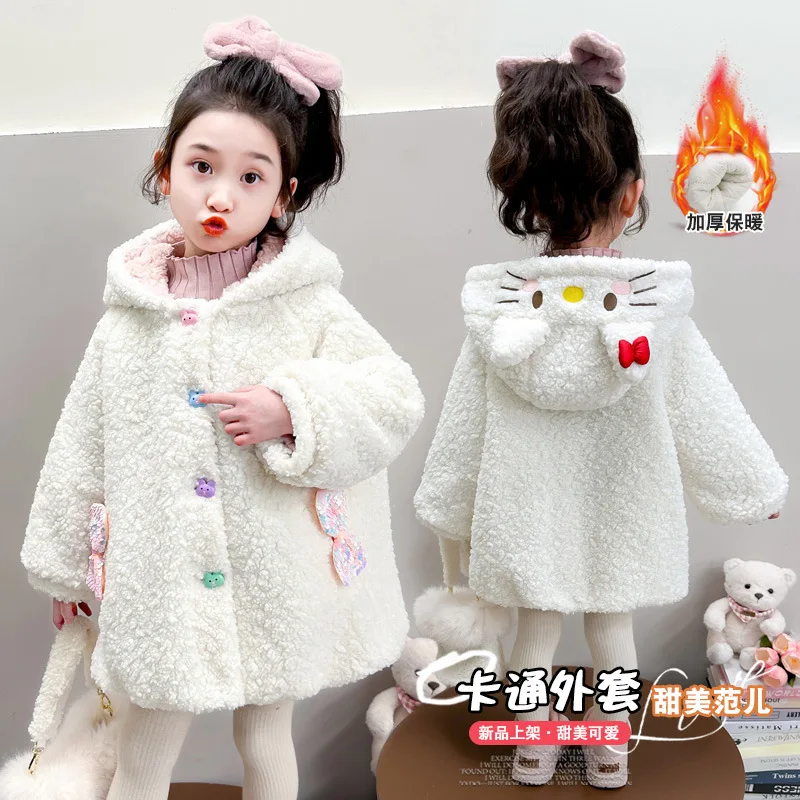 سانريو مرحبا كيتي فتاة معطف سترة الشتاء الكرتون البربرية الصوف كواليزيا الدفء الفتيات الهدايا Y2K معطف مقنع سترة قطيفة #1