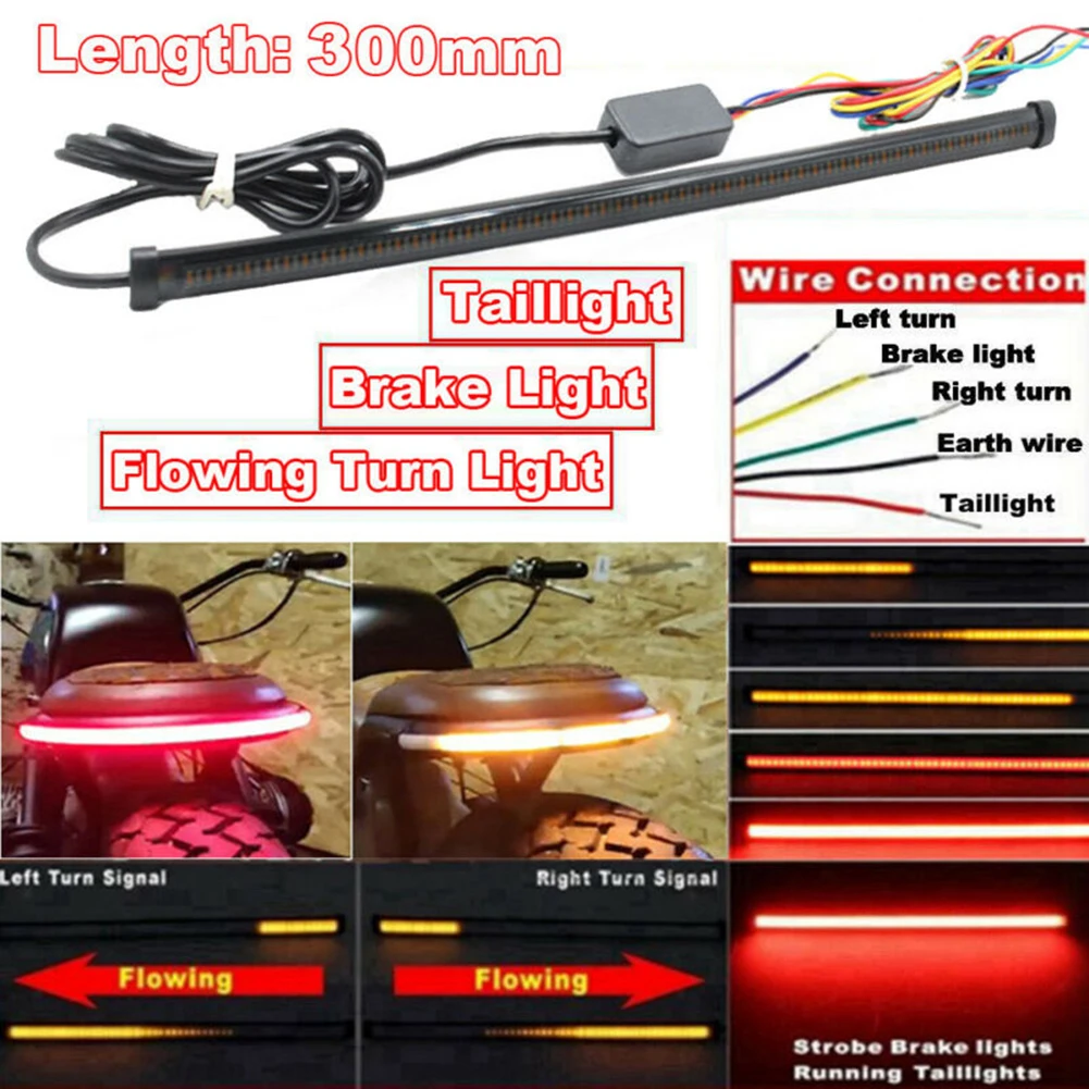 

LED Motorcycle Stop Light Flexible 30CM Sequential Turn Signal Lamps Tail Brake Lights Strip Red/yellow Stop Lamp