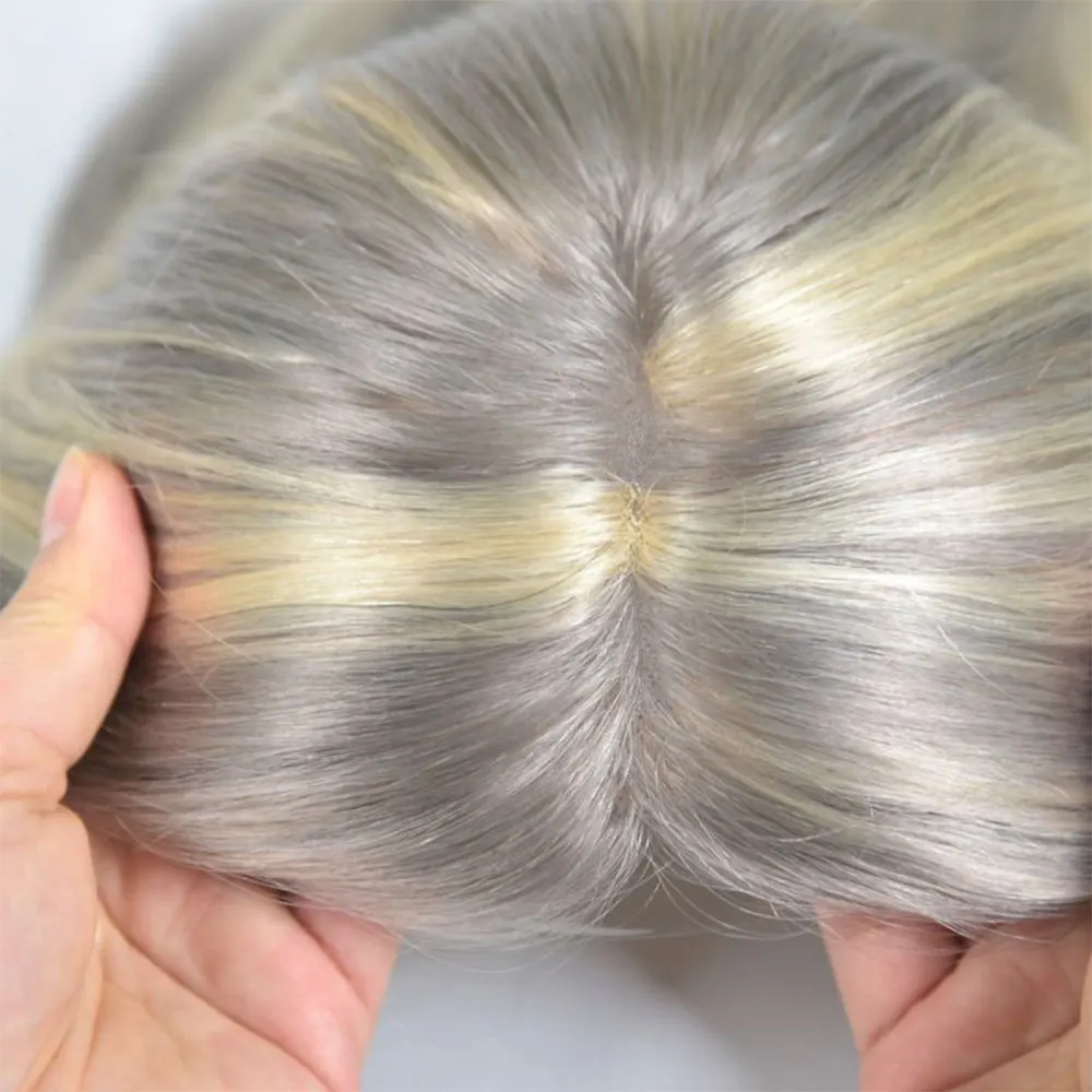 Grey Highlight Mono PU Human Hair Toppers 4x6 Inch Hair Clips Women's 14 Inch Hair Extensions for Fullness And Volume