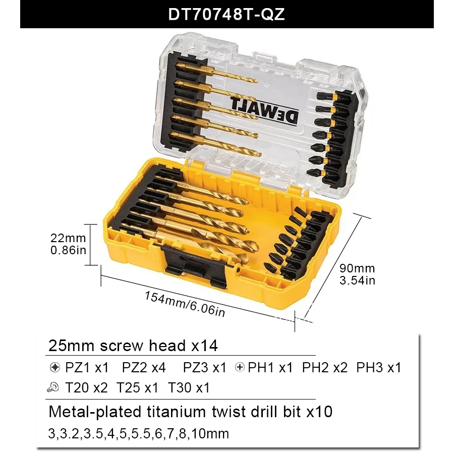 DEWALT DT70748T Drill Drive Set 24 Pieces Phillips Pozi Torx Screwdriver Hex Shank Drill Multifunction Power Tools Accessories