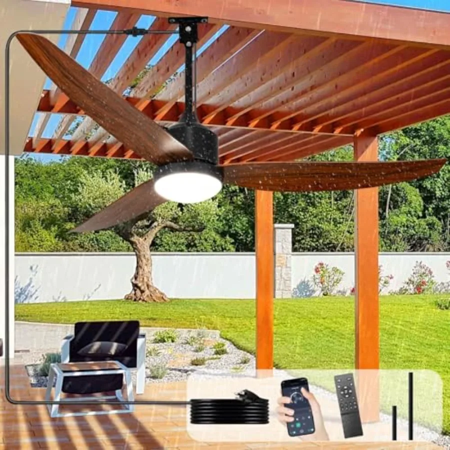 Outdoor Ceiling Fan with Light: Gazebo Fan Outdoor Hanging - Plug in Fan for Patio Waterproof - Dimmable Fans with Lights Remot