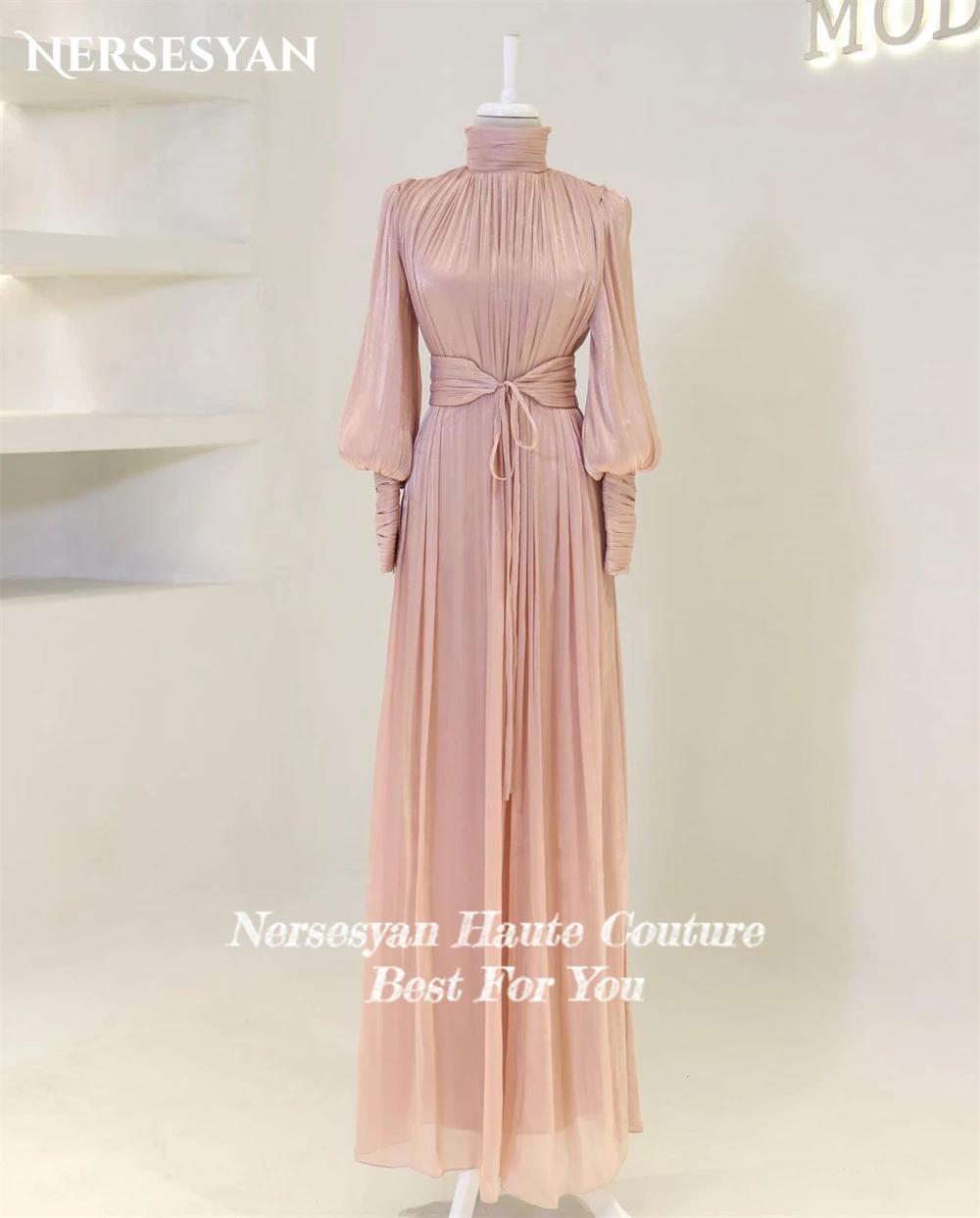 Nersesyan Solid Muslim Formal Evening Dresses High Neck A-Line Lantern Sleeves Prom Dress For Wedding Belt Pleats Party Gowns