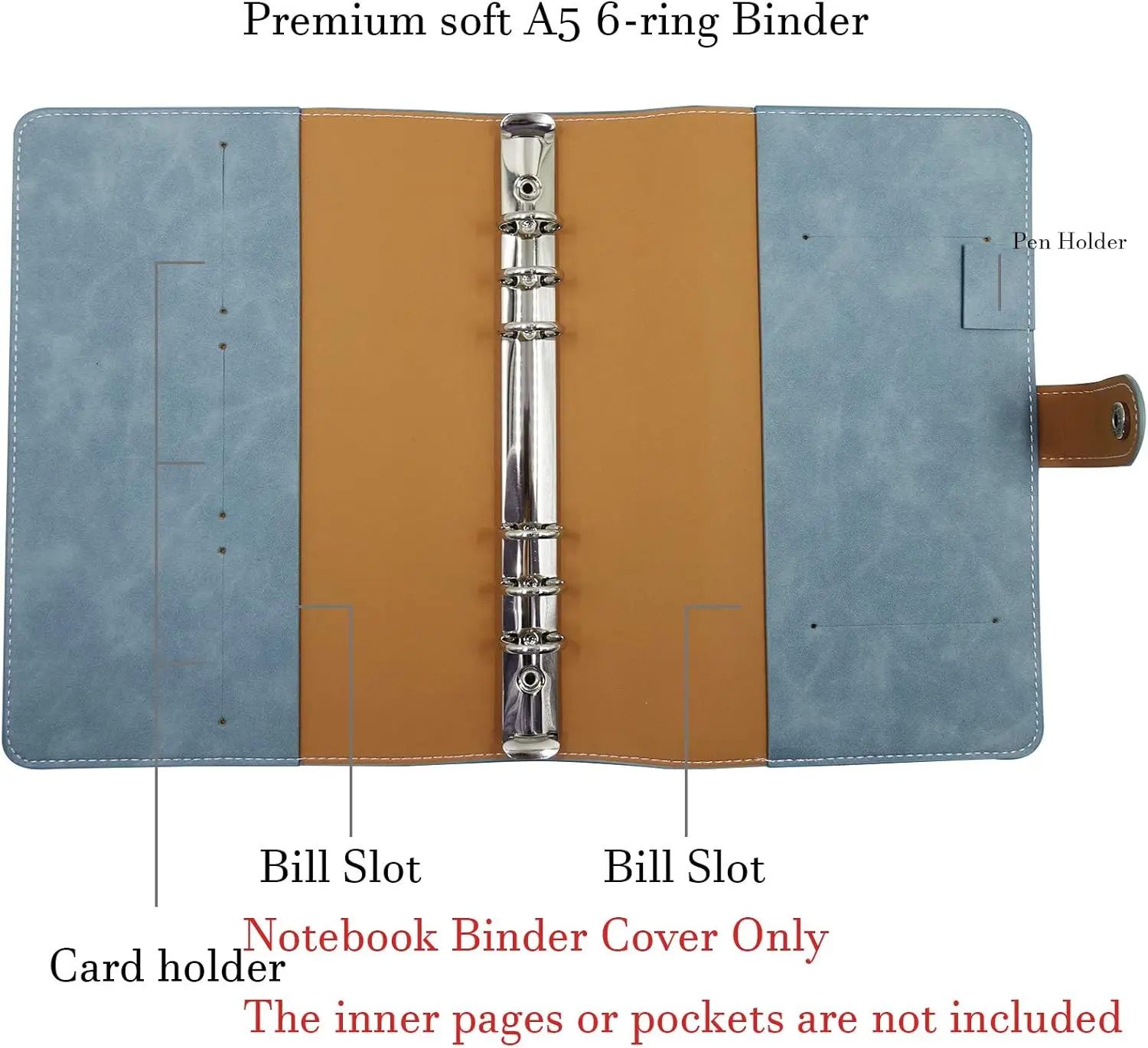 A5 Soft PU Leather Notebook Binder, Refillable 6 Round Ring Binder Cover for A5 Filler Paper, Notebook Personal Planner Binder