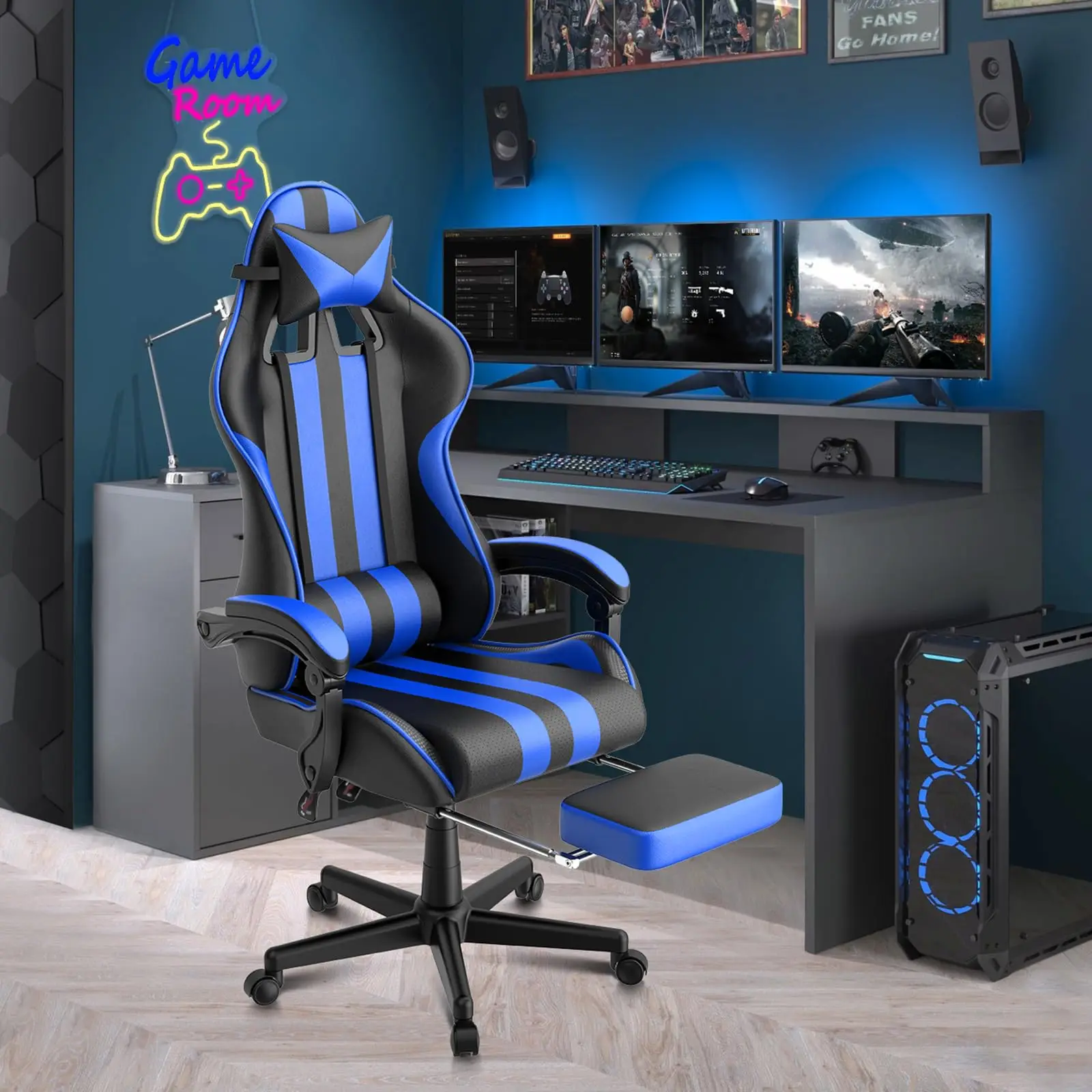 Blue Gaming Chairs with Footrest, PC Gaming Chairs for Adults Teens, Racing Style, Luxurious Comfort, Waterproof PU