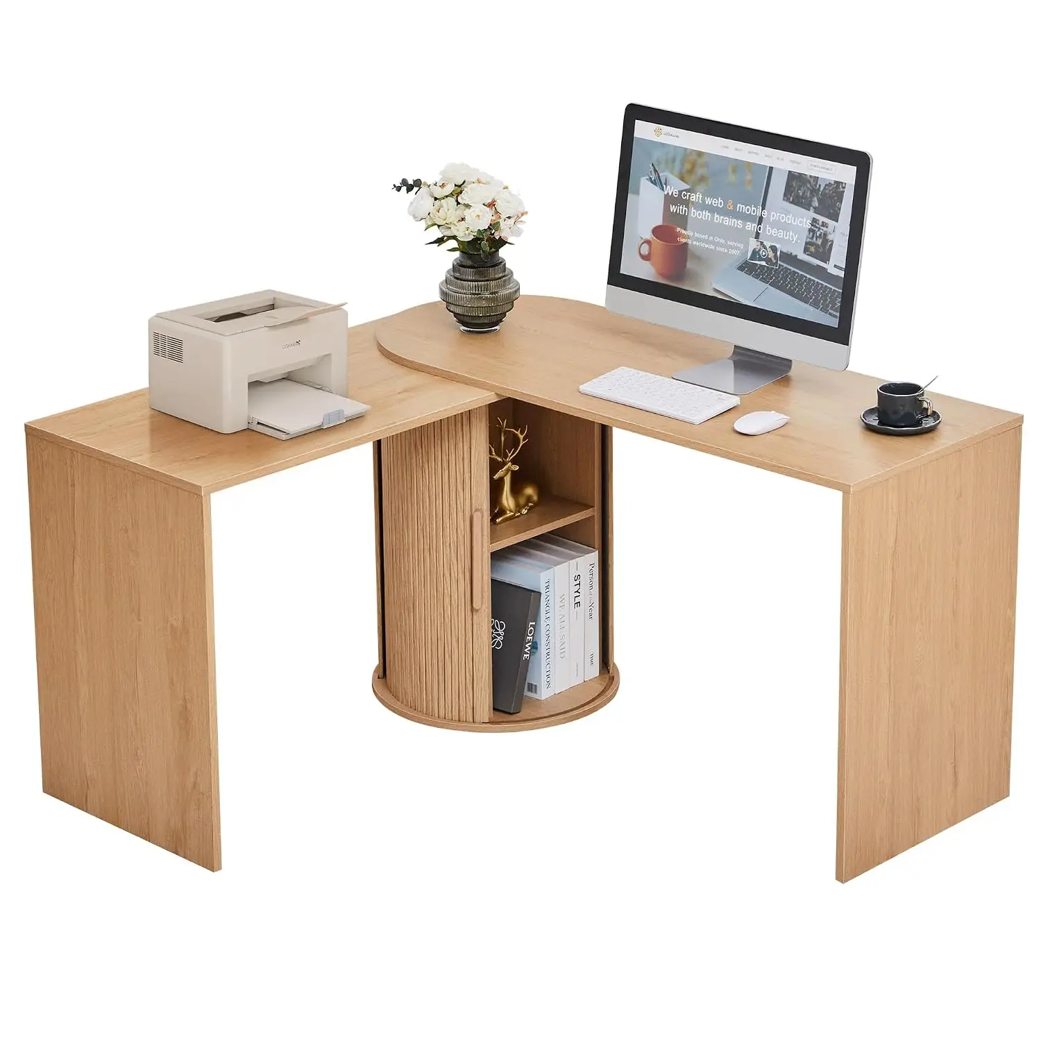 Fluted Computer PC Desk Table with Storage, Boho Corner L Shaped Desk with Storage for Small Space, Modern Home, Customized
