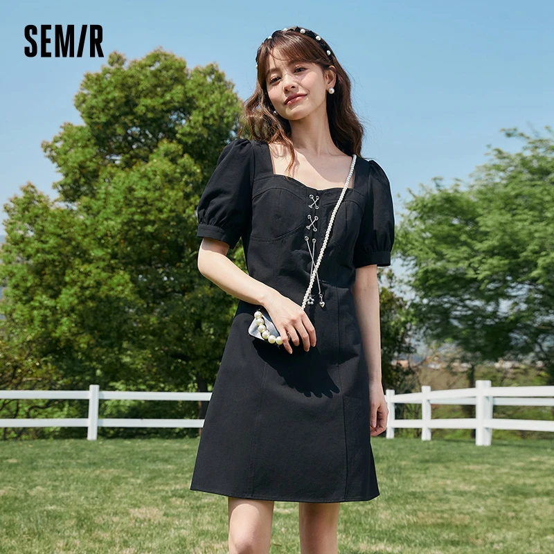 Semir Dress Women's Puff Sleeve Square Neck 2023 New Summer Gentle Solid Color Cotton Dress