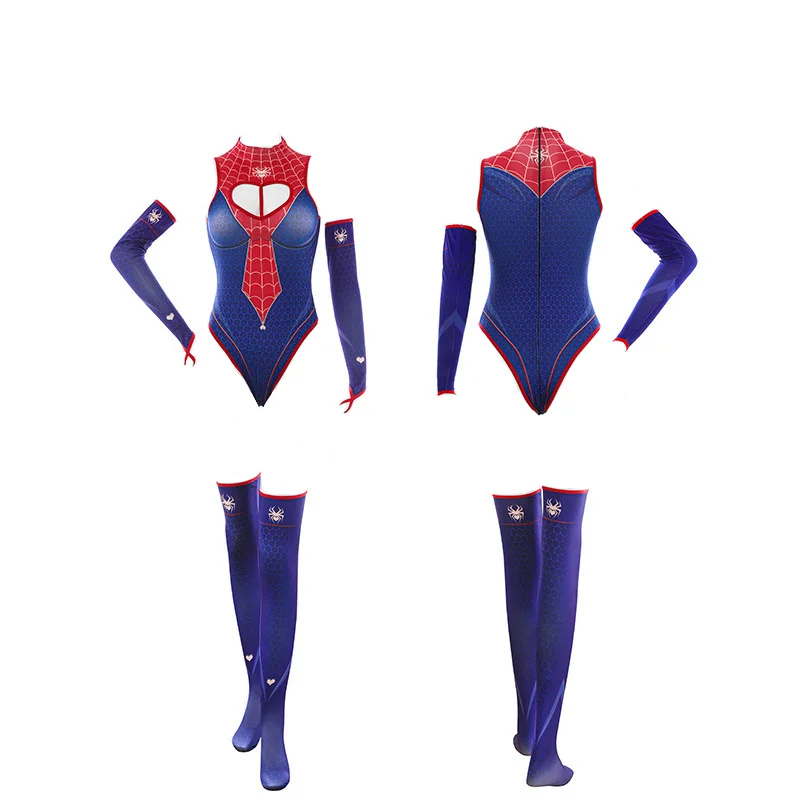 Lencería Sexy de Cosplay de Anime, Traje de Spiderman para Chicas, Mono con Estampado, Disfraz de Cosplay, Traje de Baño, Leotardo con Estampado Azul y Símbolo de Corazón