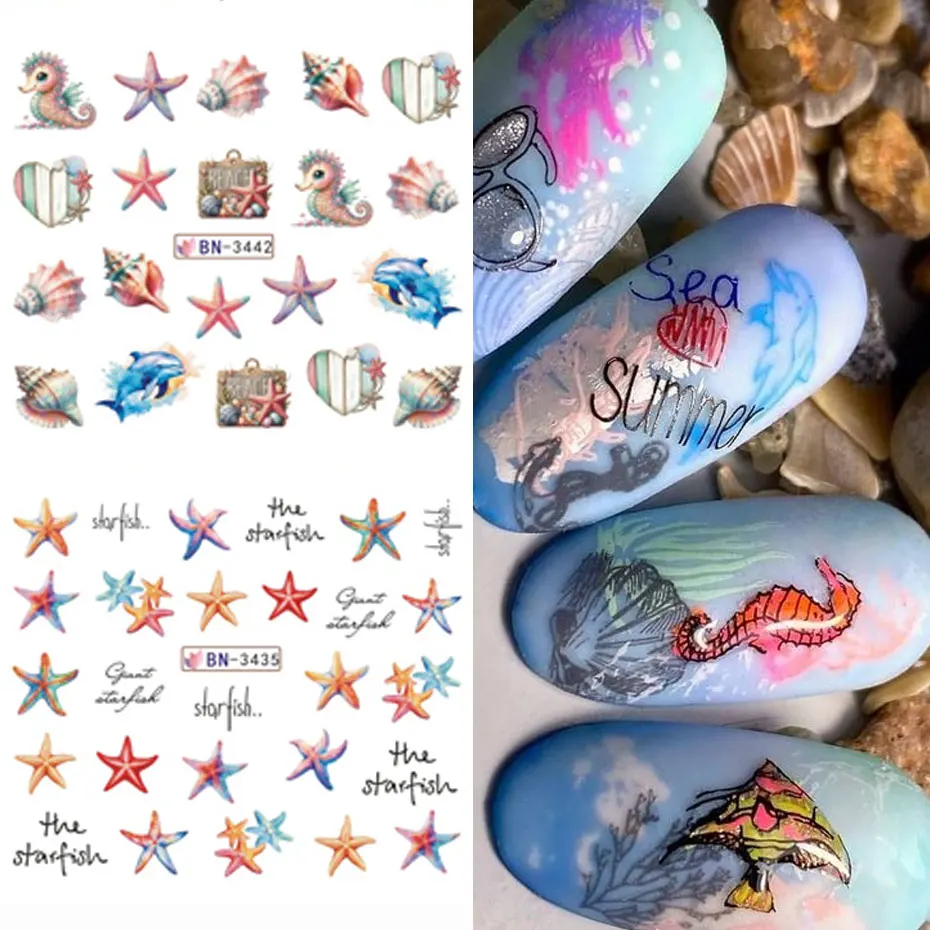 12 Design Creatura dell'oceano Adesivo per unghie ad acqua Cartoon Estate Mare Conchiglia di pesce Alghe Decalcomanie per unghie Carino 3D Trasferimento per unghie Cursore d'acqua