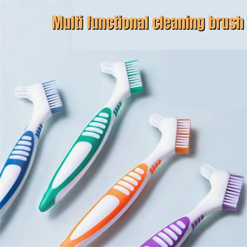 Multi-Layered Bristles Denture Cleaning False Teeth Brush Oral Care Non-slip Ergonomic Rubber Handle Dual Heads Antibacterial