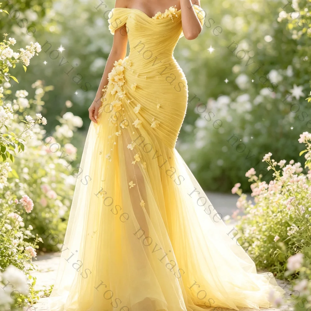 Customized Romantic Long Train Gowns Off The Shoulder Yellow Tulle Mermaid Dress Ruched 3D Floral Sheer Skirt Evening Dresses
