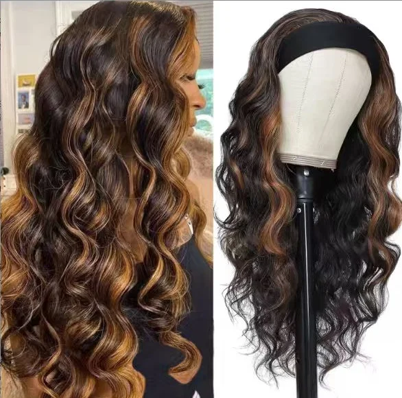 Women Long Body Wave Synthetic Headband Wig Black With Honey Brown Highlights Glueless No Lace Heat Resistant Natural Looking