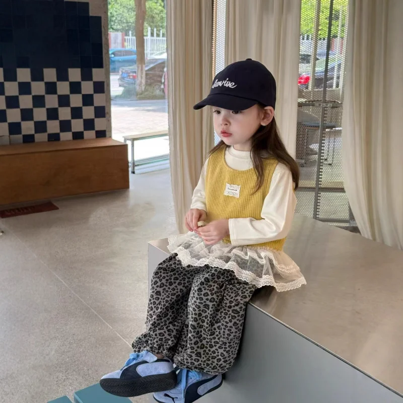 

Korean Children's Clothing Autumn New Style Toddler Lace Trim Vest Long SleeveTTrendy Leopard Print Lantern Long Pants Girls' Th