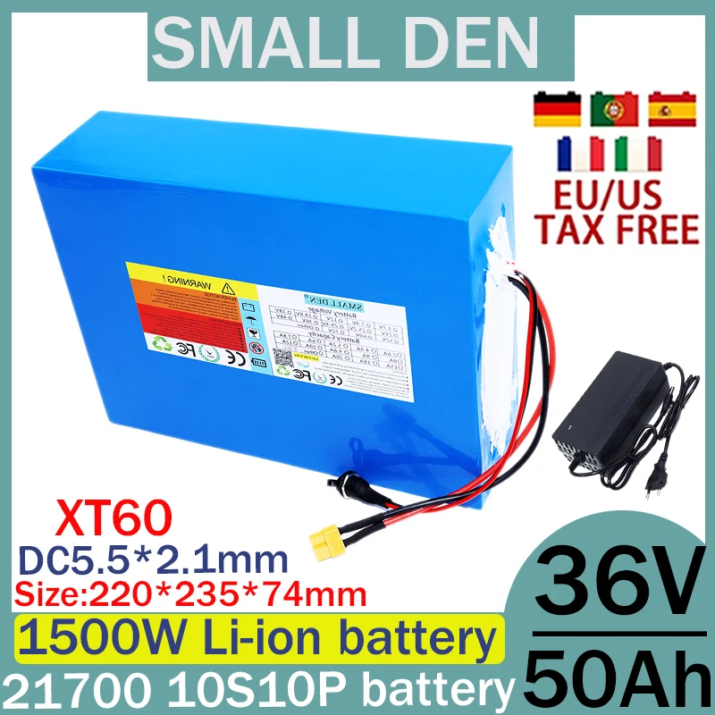Nuevo paquete de batería de litio 36V 50ah 21700 10S10P 0-1500W, BMS incorporado scooter bicicleta carga batería de bicicleta sin impuestos + cargador 2A3A5A