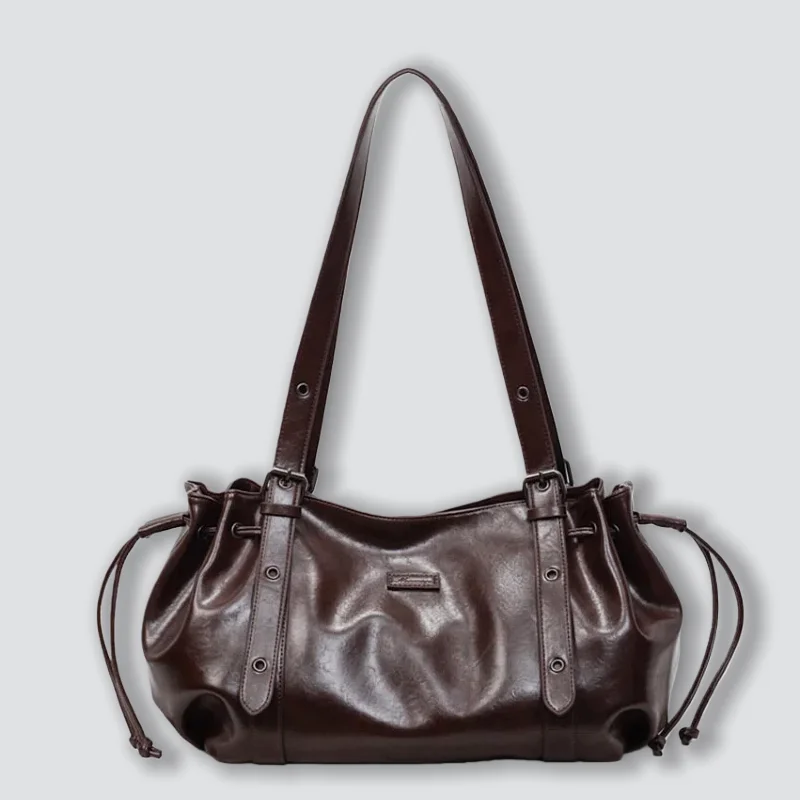 

Однотонная женская сумка-тоут из искусственной кожи в стиле ретро, большая вместительная сумка через плечо на шнурке