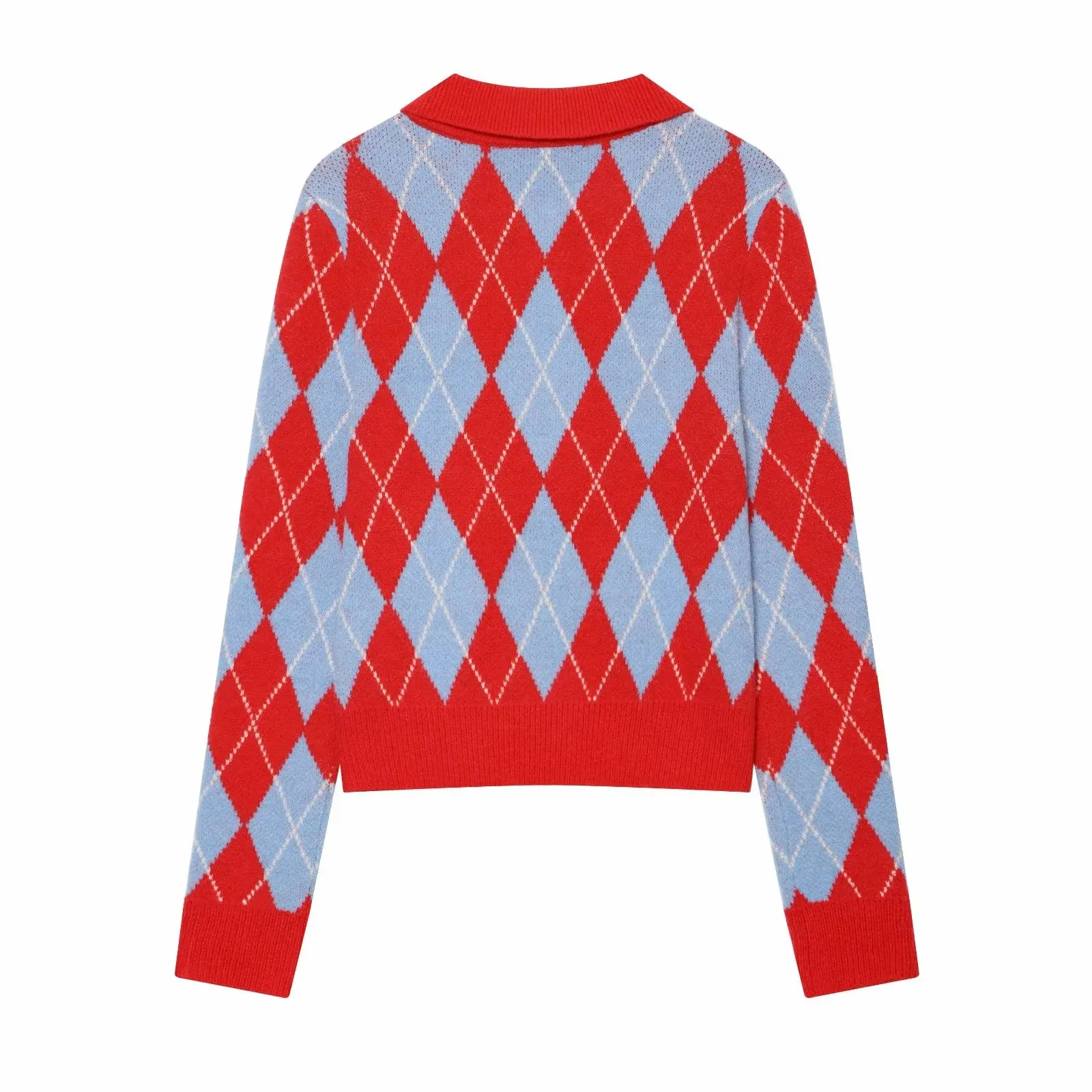 Damen Vintage Diamant Geometrisches Muster Häkel-Strickpullover Weiblicher Schicker Polokragen Schlanker Pullover Mantel Damenoberteile – Detail 3