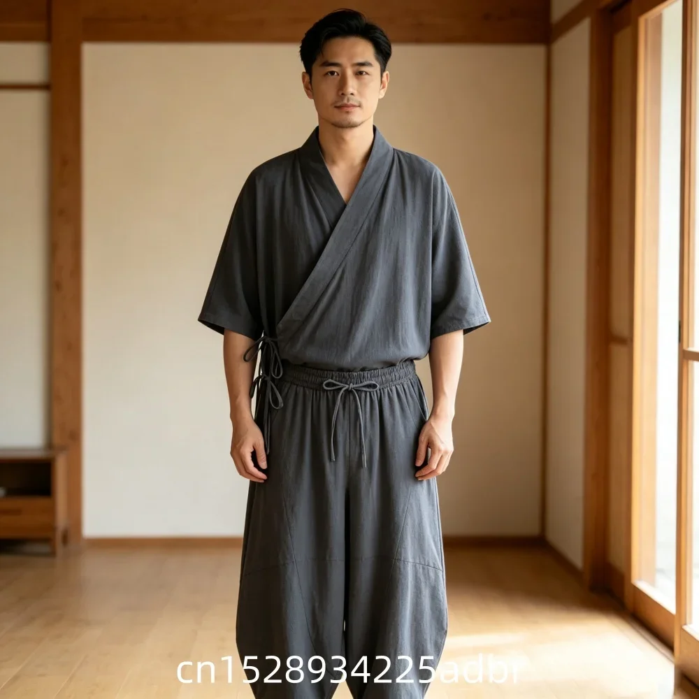 New Men's Cotton Linen Kimono Cardigan Jacket, Loose Samurai Haori Jacket Pantsuit, Harajuku Streetwear Yukata Set Plus Size