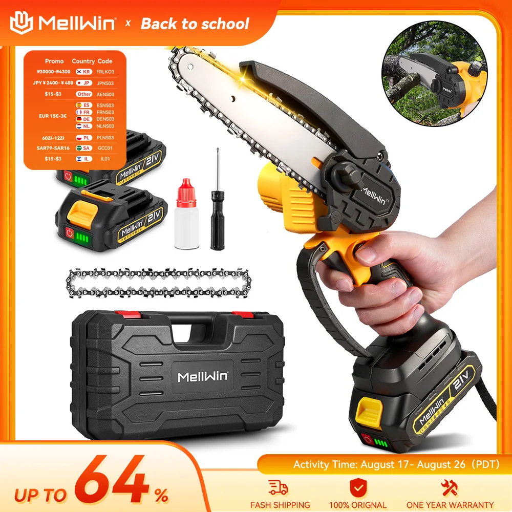 MELLWIN 6 Zoll Akku-Kettensäge Mini Handgeführte Astsäge Holzbearbeitungs-Schneidewerkzeug für Makita 18V Akku