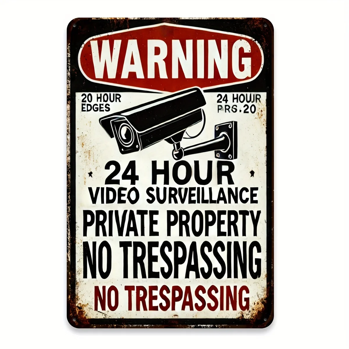 1 Vintage Metal Warning Sign Wall Decor - 24-Hour Video Surveillance No Trespassing Decorative Sign, Suitable for Home, Garage