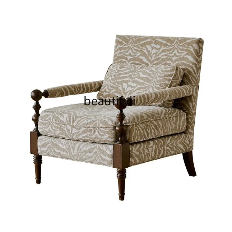 

French Fabric Sofa Retro Solid Wood Living Room Lazy Chair Light Luxury High-Grade Leisure Couch