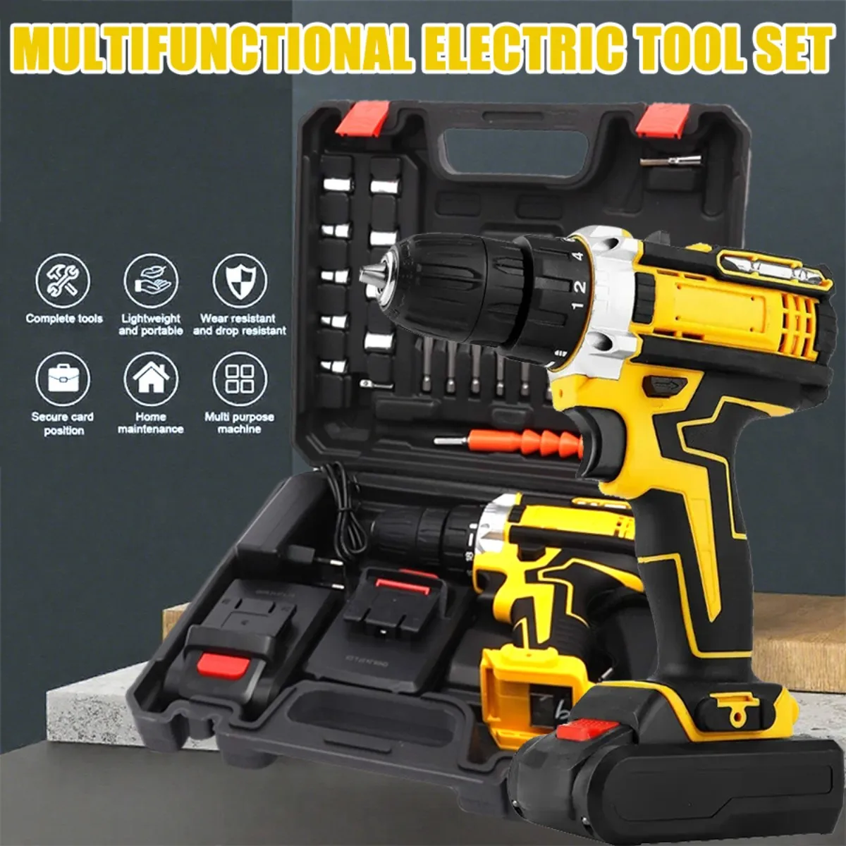 مجموعة أدوات الحفر 36 فولت: بطاريتين + شاحن سريع، حقيبة محمولة مع مصابيح عمل، سرعتين قابلة للتعديل