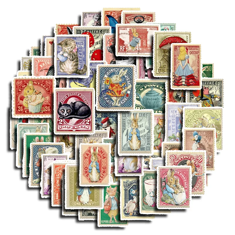 62pcs Retro Alice Garden Stamp Stickers Children\'s Diy Computer Decoration Sticker Student Stationery