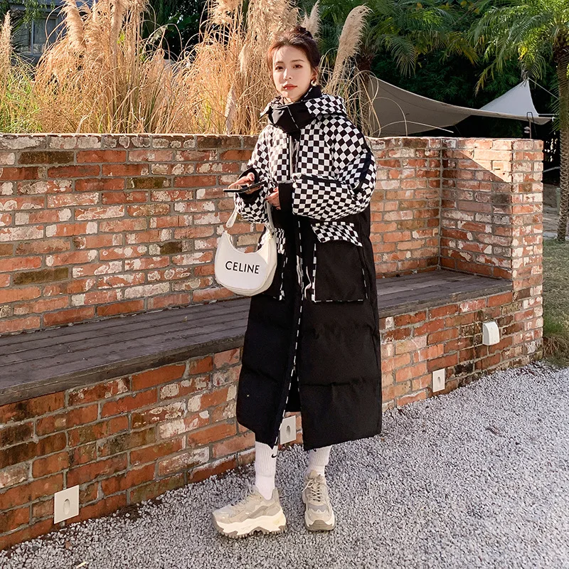 Women's Cotton Black White Plaid Spliced Jacket Mid-Length Winter New Design Fashion Windproof  warm Thickened coat Female