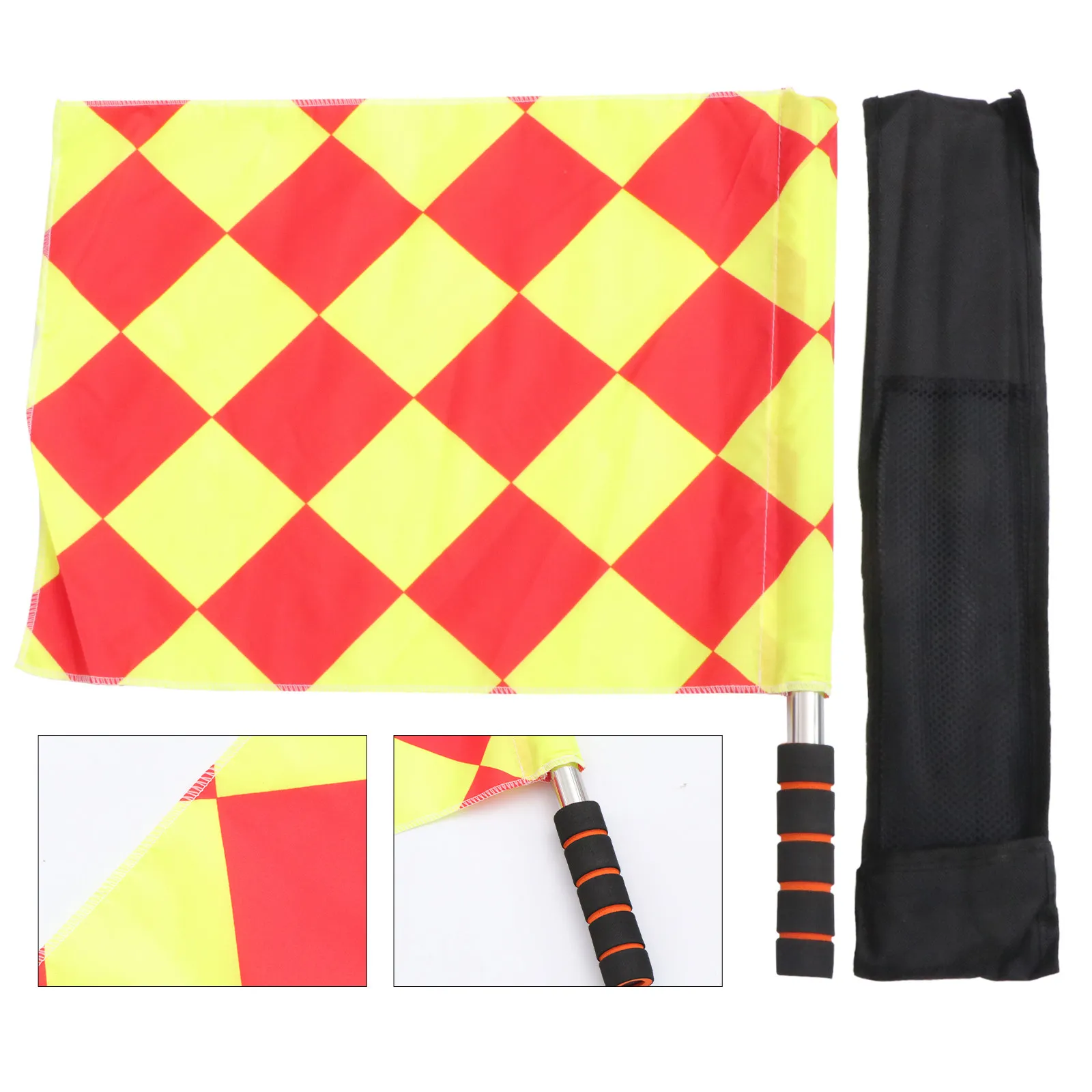 Hand Flag Plastic Handle Mini Flag Waterproof Cloth Bright Red Yellow Perfect for Football Judge Cheer Small Square Pattern