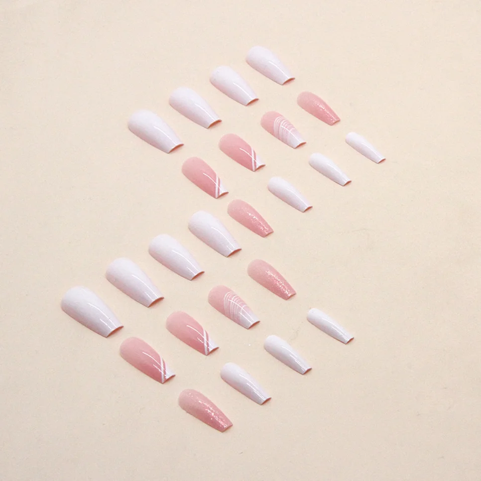 24Pcs Simple Pink Medium Length Ballet Fake Nails White Gradient Press on Nails Finished Full Coverage Wearing False Nail Tips