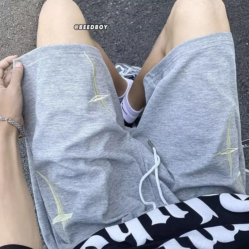 Summer American Retro Embroidered Knitted Men's Versatile Street Loose Straight Five-point Beach Pants