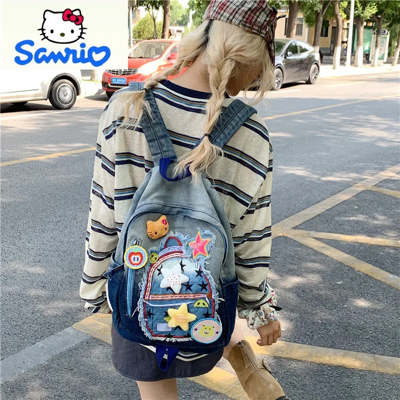 

Sanrio Fashion Retro Cowboy Color blocked Backpack Student Sweet and Cute Cartoon Hello Kitty Large Capacity Backpack