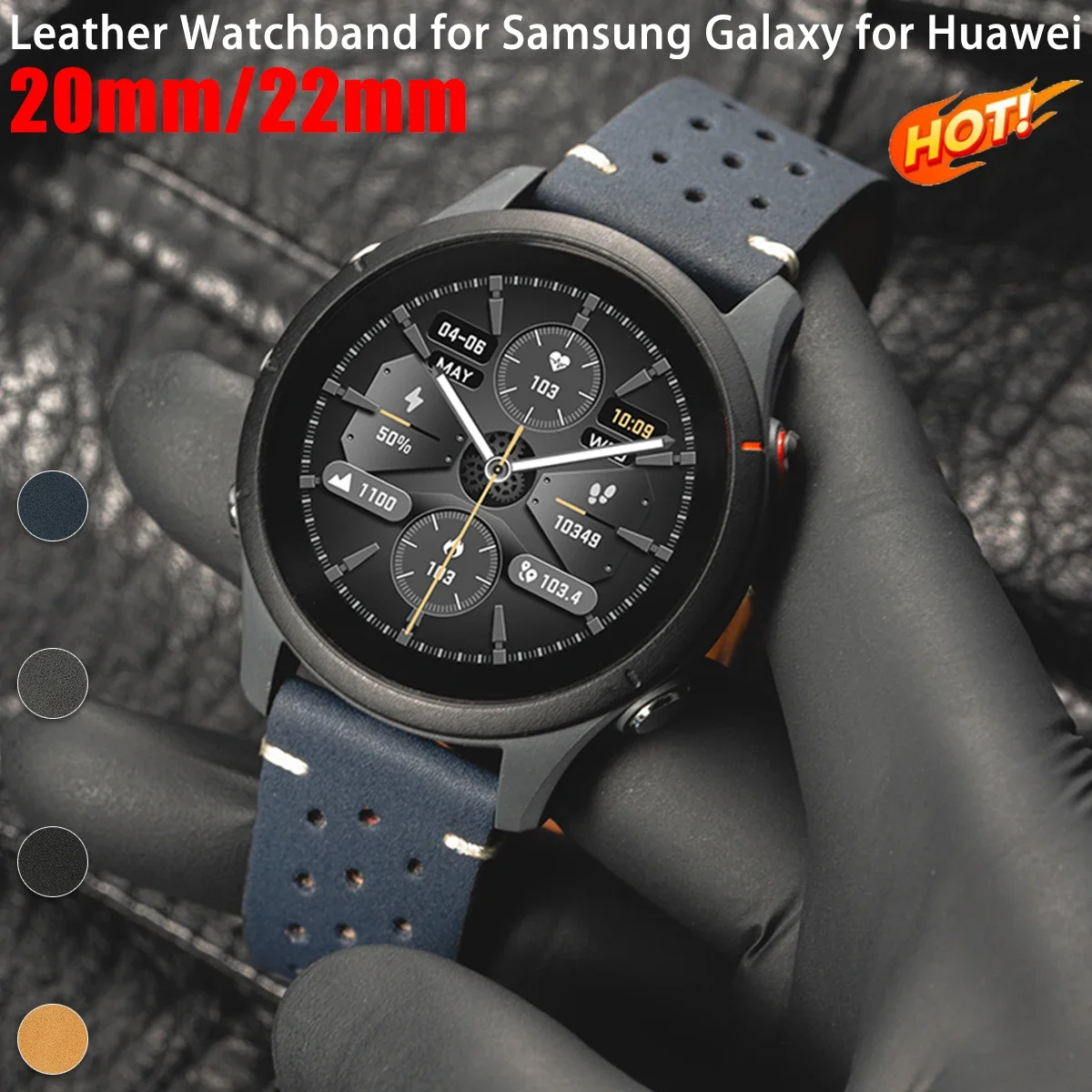20 22 มม.สายนาฬิกาหนังสําหรับ Samsung Galaxy สําหรับ Huawei สายรัดข้อมือมีรูพรุน Breathable Cowhide สายนาฬิกาอุปกรณ์เสริม
