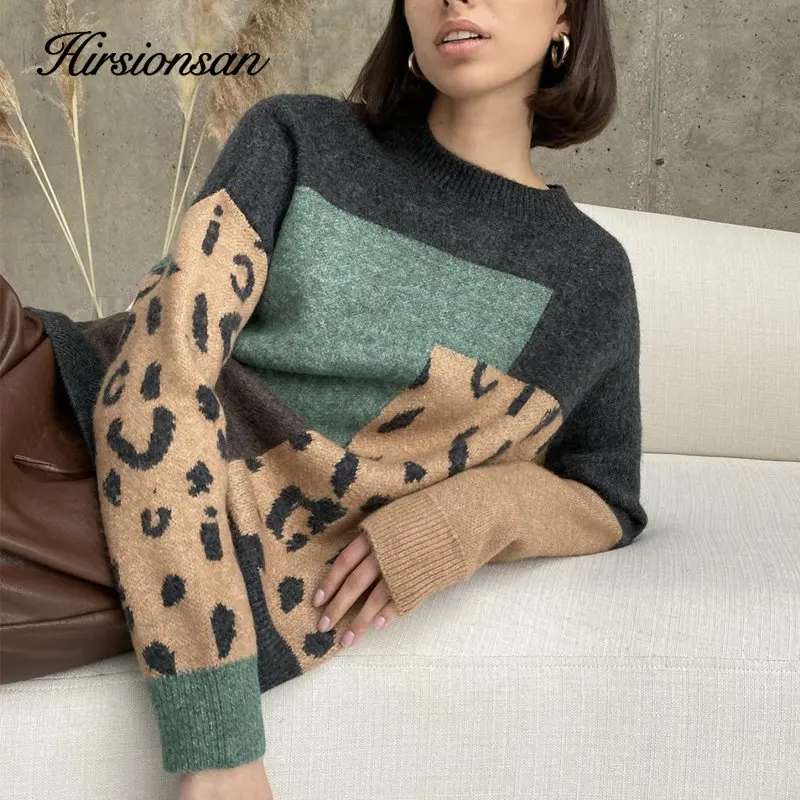 Hirsionsan Leopard Patchwork Cashmere Sweater Women Loose Casual Knitted Pullovers Autumn Soft Knitwear Female Retro Jumper