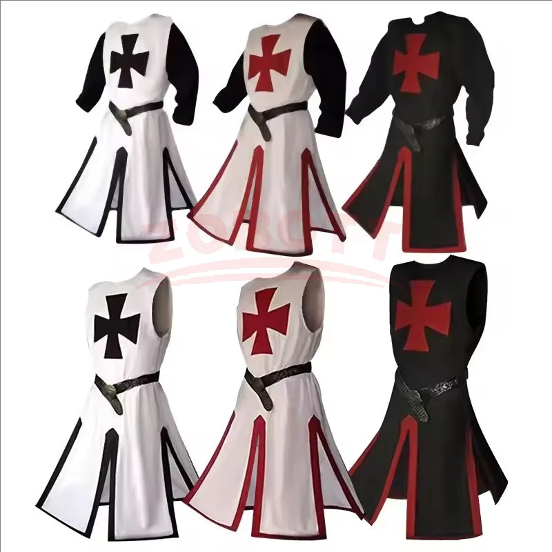 Mittelalterliches Templer-Ritter-Gewand-Set für Herren, Renaissance-Krieger-Tunika-Umhang mit Gürtel, Halloween-Cosplay-Outfit