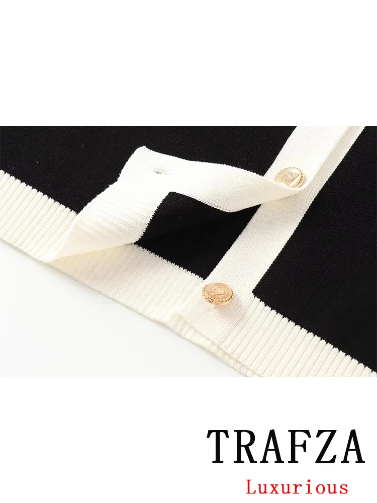 TRAFZA Vintage Casual Chic Women Cardigans Patchwork O-Neck Short Sleeve Knitted Top New Fashion 2024 Autumn Winter Holiday Top