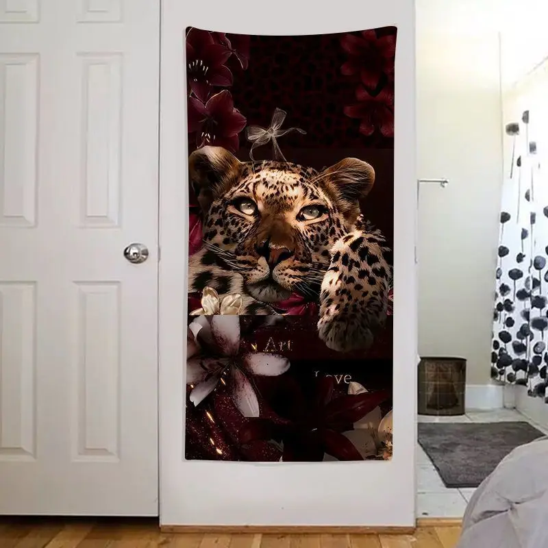 Floral Leopard Wall Hanging Tapestry Beautiful Pink Lily Bow Wild Cat Portrait Print Fabric Art for Bedroom Living Room Home