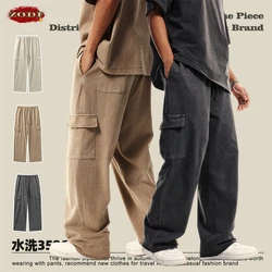 ZODF New 2024 Spring Summer 358gsm Cotton Cargo Pants For Men Unisex Casual Washed Straight Multi-Pockets Loose Trousers HY0829