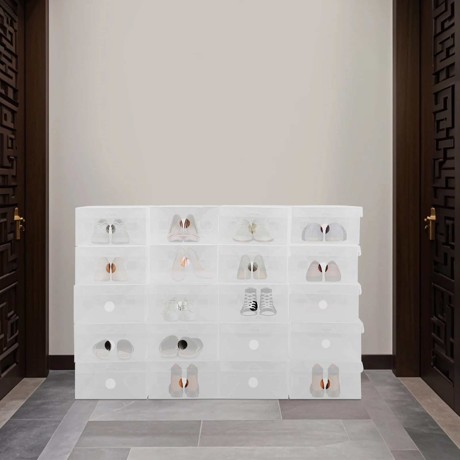 Ensemble de 20 boîtes de rangement à chaussures empilables avec joint à baïonnette bidirectionnel, design minimaliste et élégant pour l'organisation de la maison, pour Noël, Thanksgiving, Halloween, blanc