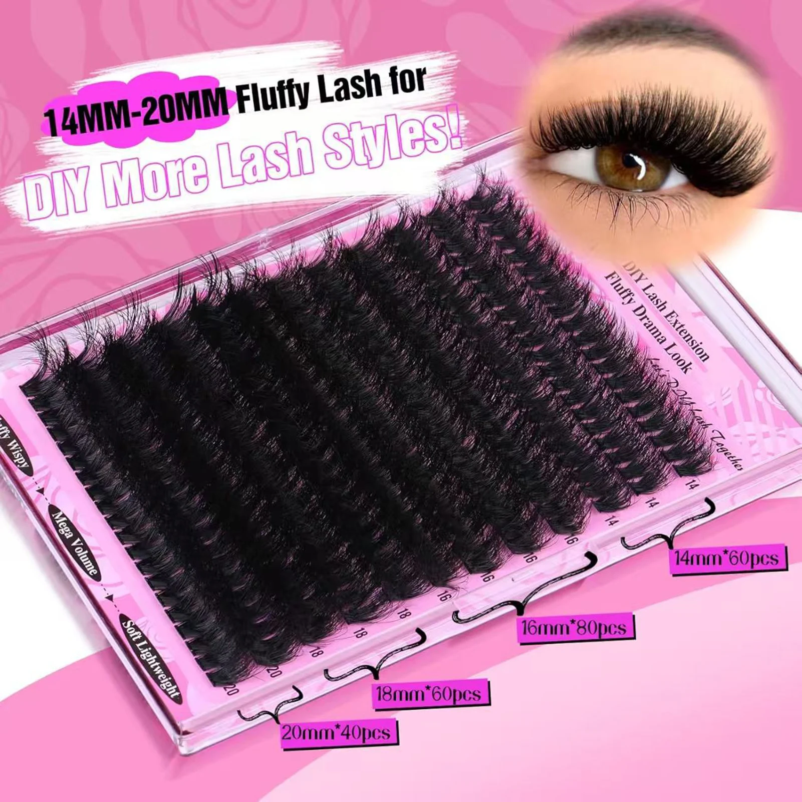 200D Mink False Eyelashes 14-20mm D Curl Black Fluffy DIY Individual Lashes 0.07mm Mixed Length Eyelash Extensions For Volume