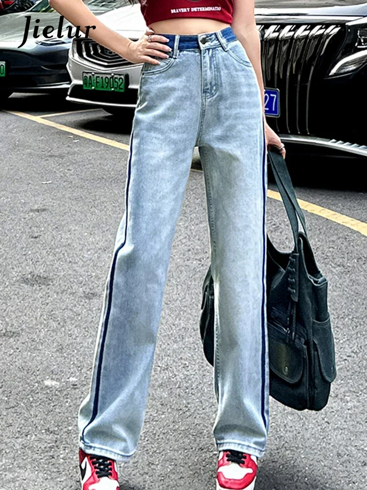 

Jielur Spell Color Slim Straight Bleached Women's Jeans High Waist Summer Washed Button Wide Leg Pants Casual Streetwear Outfits