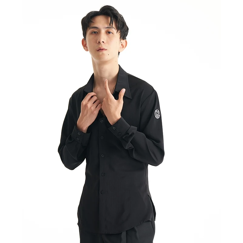 

2024 Latin Dance Training Tops For Men Striped Black White Long Sleeve Lapel Shirt National Standard Clothes Latin Wear DQS16521