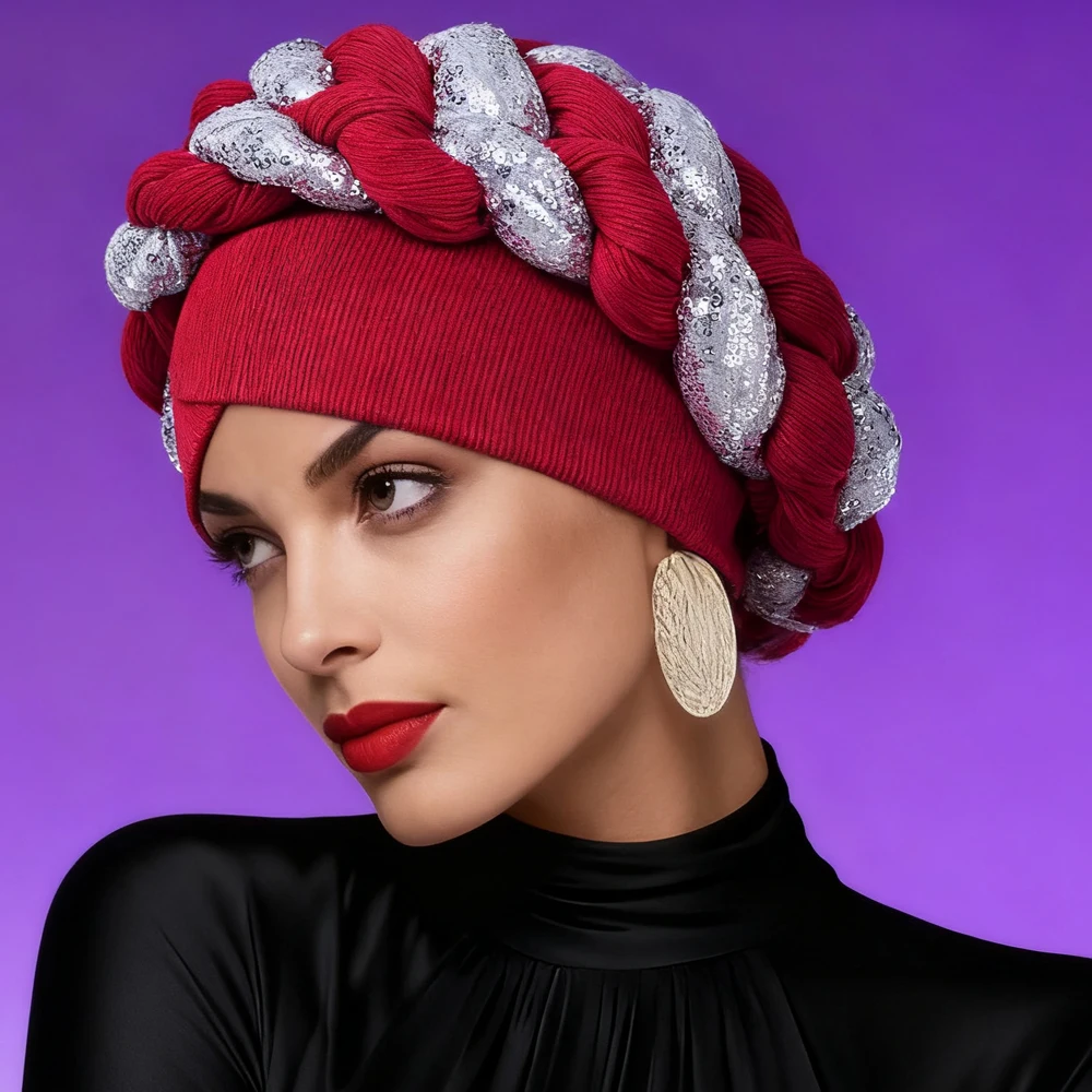 

Женский тюрбан, женский африканский головной убор с автогелем, Нигерия, свадебная вечеринка, капот с гелесом, мусульманский хиджаб, косы, повязка на голову с блестками