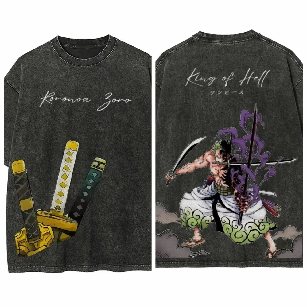 One Piece Zoro King of Hell Acid Washed Graphic T-Shirt Unisex Oversized Short Sleeve Premium Cotton Edgy Streetwear Tees