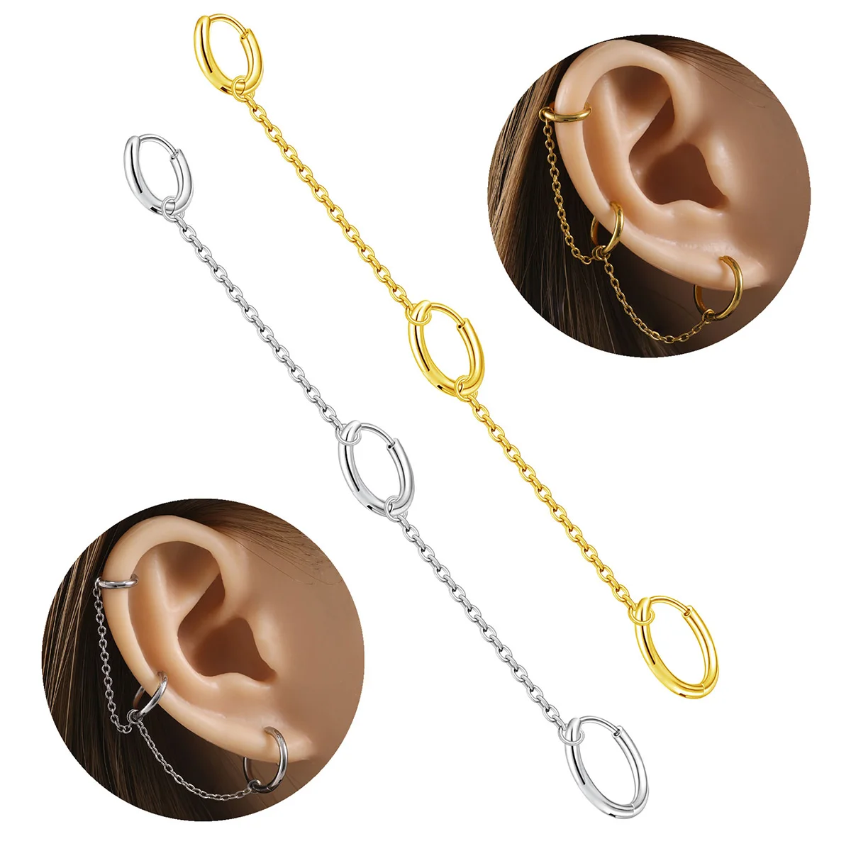 1 Piece A Unique Steel-Colored 18k Gold-Plated Chain Handcuff Hoop Earring With Three Piercings And A Dangling Spiral Pendant