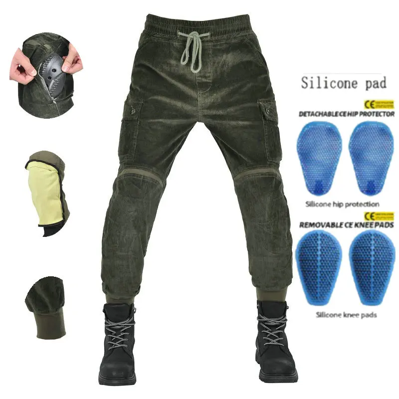 

Loong Biker Motorcycle Riding Overall Motocross Protection Corduroy Jeans Knight Corduroy Elastic Waist Foot Binding Trousers