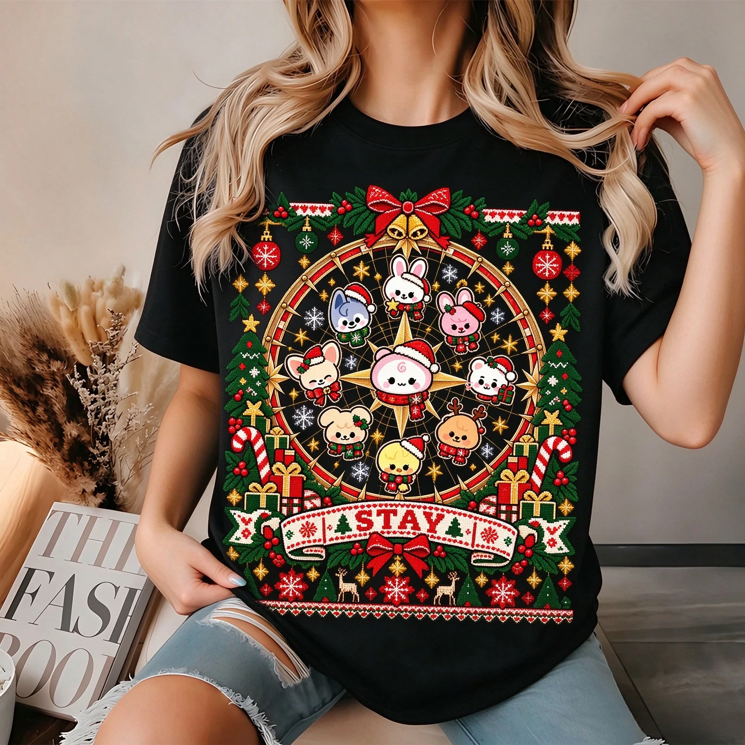 SKZOO Stay Christmas Graphic T-shirt Women Men Cute Cartoon Animal Print Oversized Short Sleeve Kpop Fans Xmas Tee Casual Tops