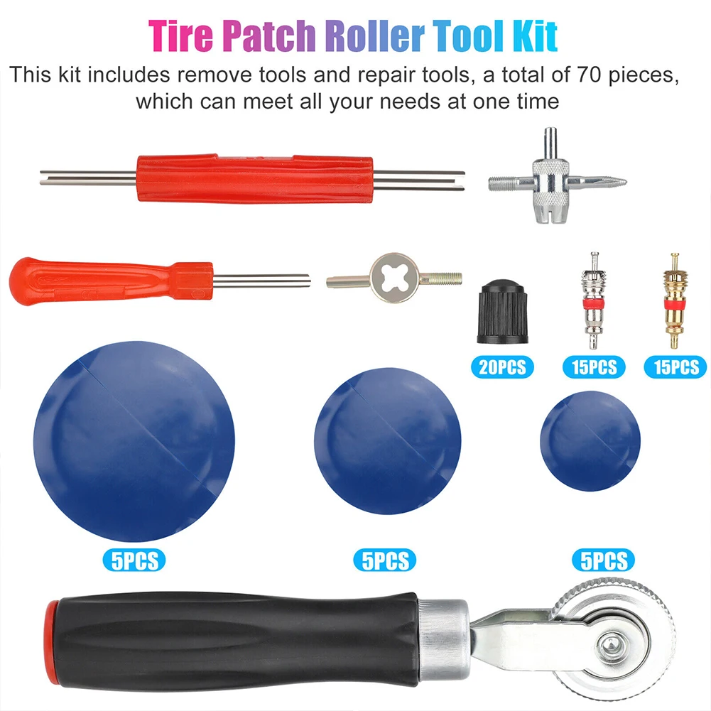 

70Pcs Tire Patch Repair Valve Stem Removal Tool Kit Valve Liner Scraper Tire Valve Stem Cores And Caps Valve Core Wrench