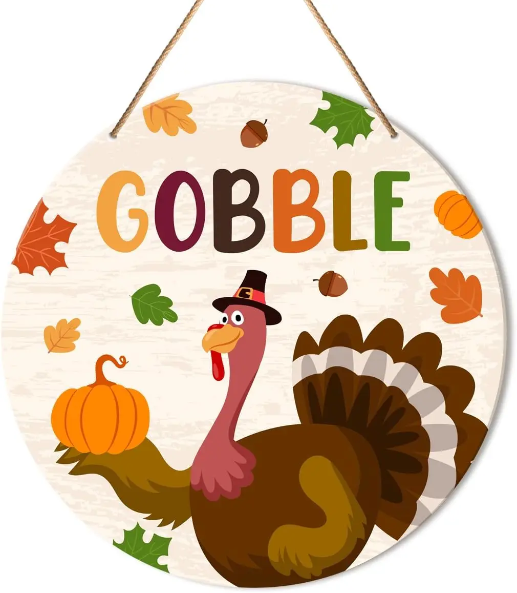 Thanksgiving Sign Front Door Decor, Fall Thankful Round Hanging Sign Decor Turkey Gobble Autumn Wall Decorations